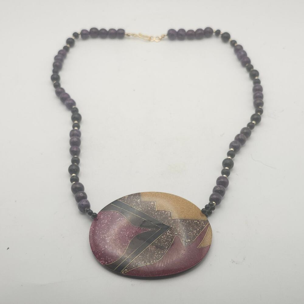 Philippines Purple Black Beaded Abstract Oval Pendant Boho Statement‎ Necklace